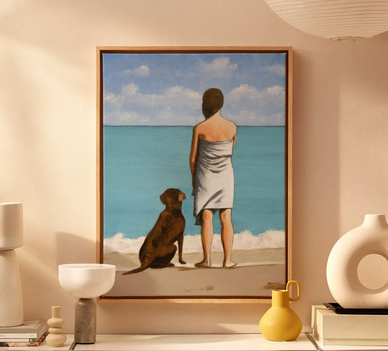 donna e cane sulla spiaggia - sarah morrissette tela con Cornice a cassetta da Rachelwhell