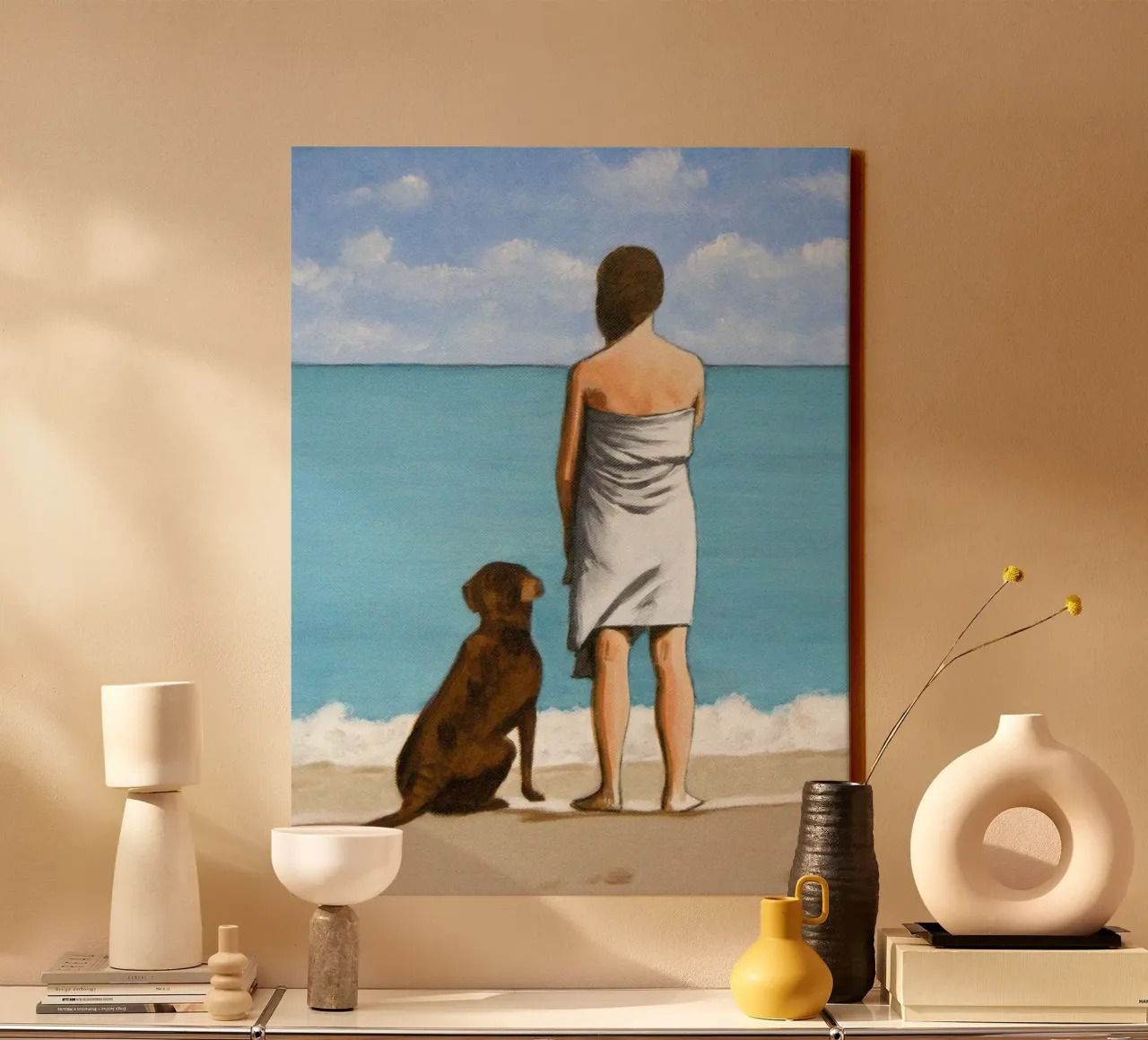 donna e cane sulla spiaggia - sarah morrissette tela con Cornice a cassetta da Rachelwhell