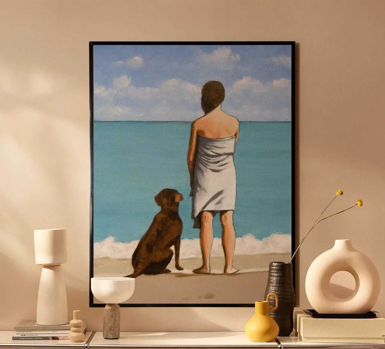 donna e cane sulla spiaggia - sarah morrissette poster da Rachelwhell