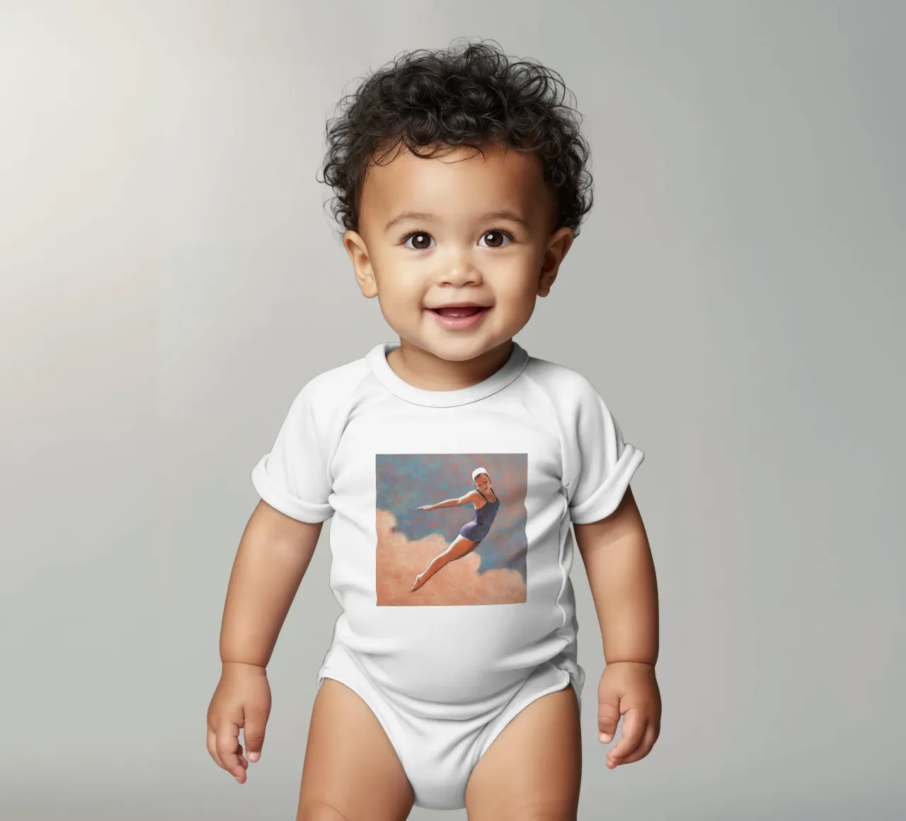 High Diver in Soft Clouds - Sarah Morrissette short-sleeve baby romper by Rachelwhell