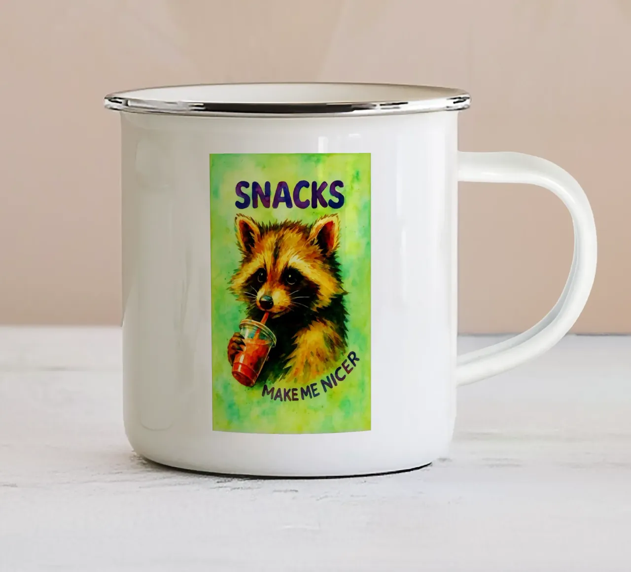 Gli snack divertenti del procione mi rendono simpatico tazza in smalto da onerules