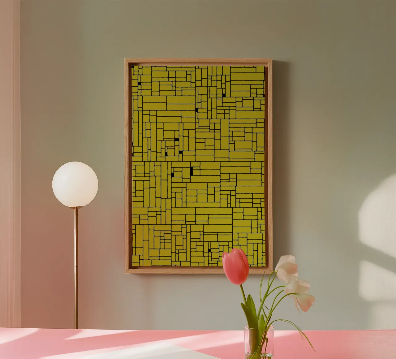 Computer Graphic yellow black Leinwand mit Schattenfugenrahmen von Hemingway Design