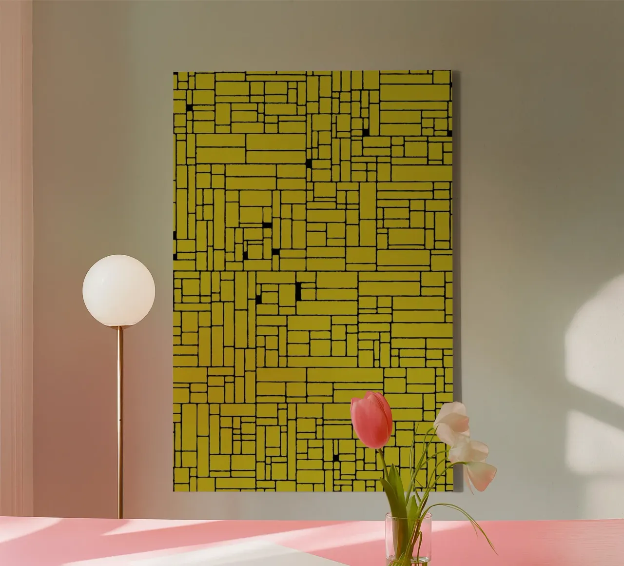 Computer Graphic yellow black Leinwand mit Schattenfugenrahmen von Hemingway Design