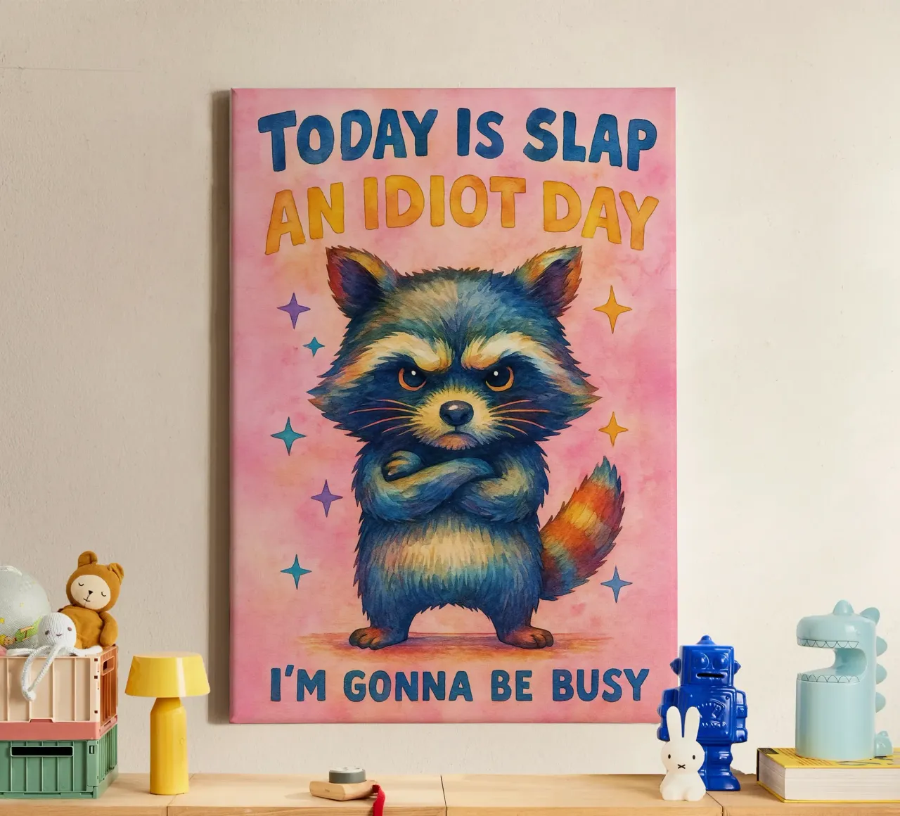 Funny Raccoon Today Is Slap An Idiot Day canvas by onerules