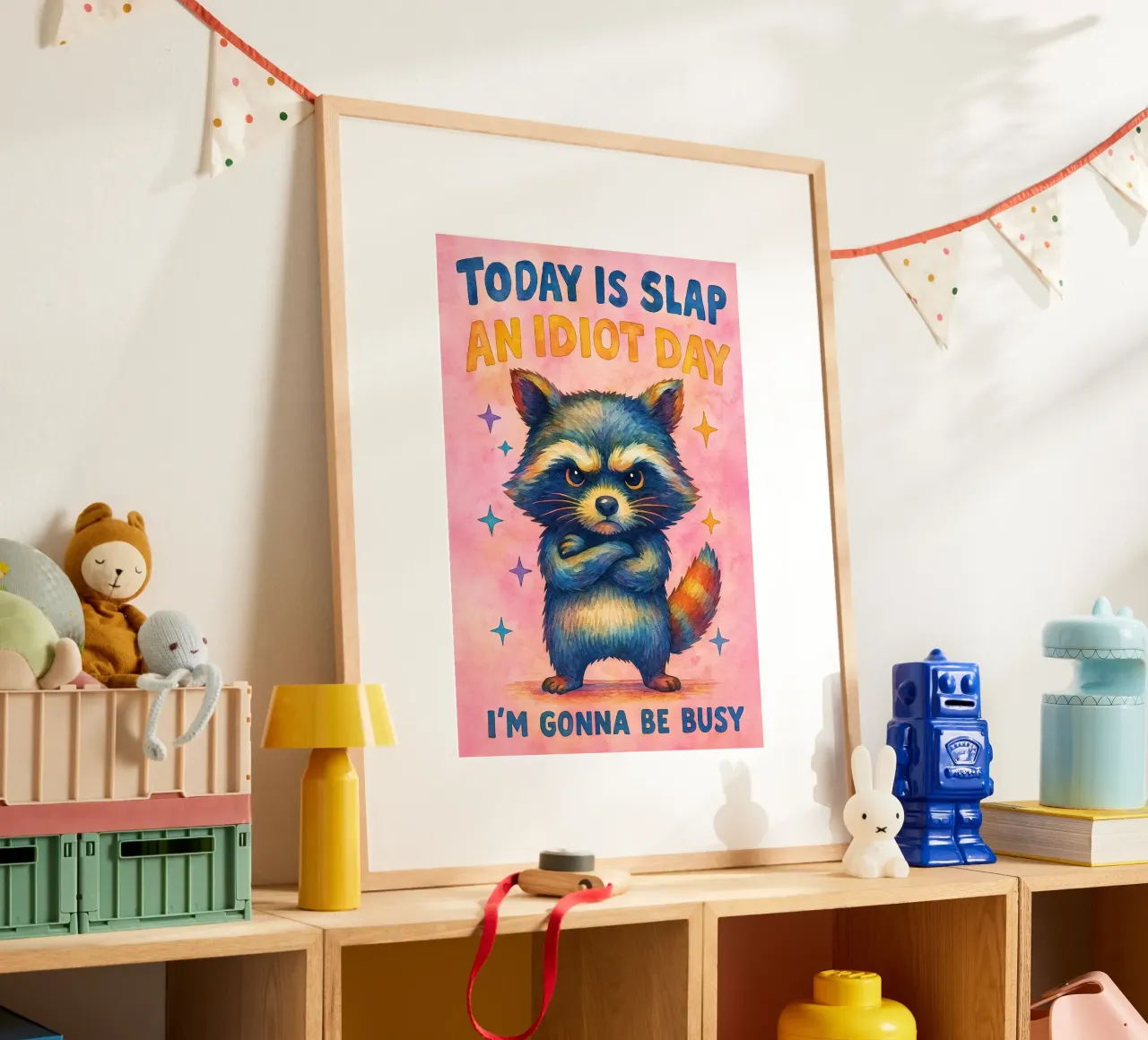 Divertente Procione Oggi è la giornata dello schiaffo all'idiota poster con telaio in legno da onerules