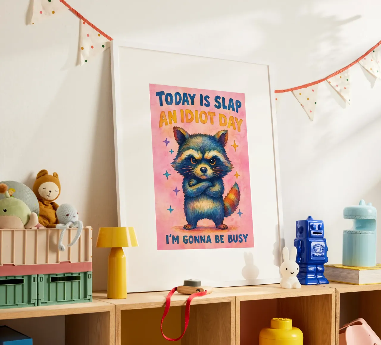 Divertente Procione Oggi è la giornata dello schiaffo all'idiota poster con telaio in legno da onerules