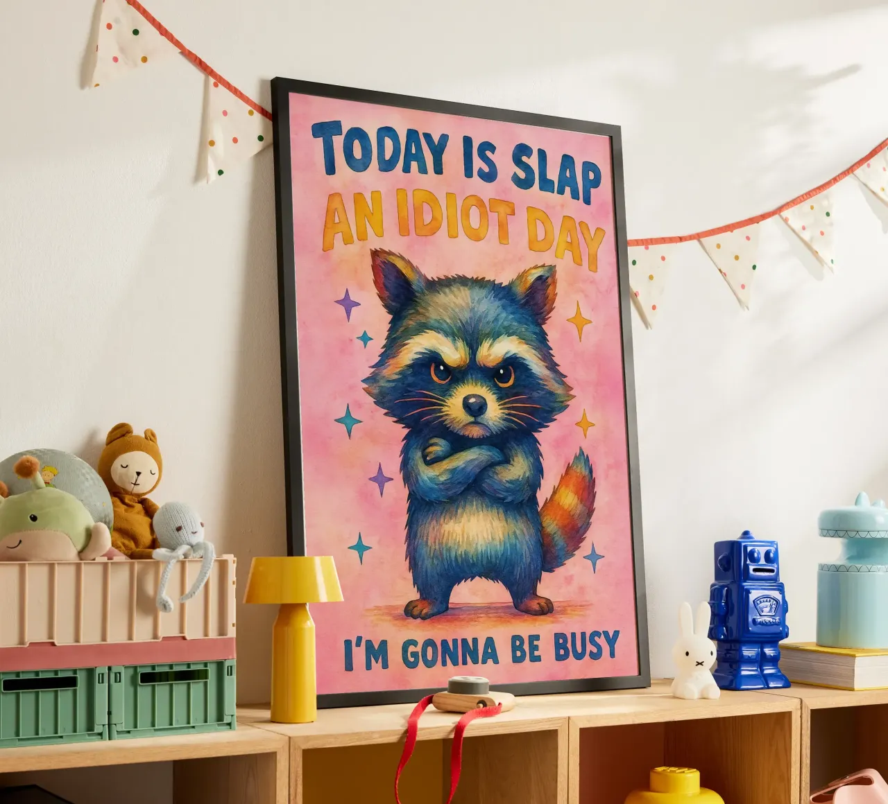 Divertente Procione Oggi è la giornata dello schiaffo all'idiota poster con telaio in legno da onerules