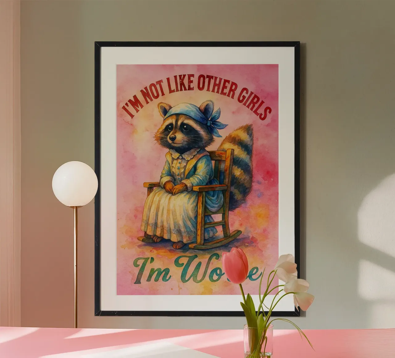 No soy como otras chicas soy peor Funny Raccoon poster con marco de plástico de onerules