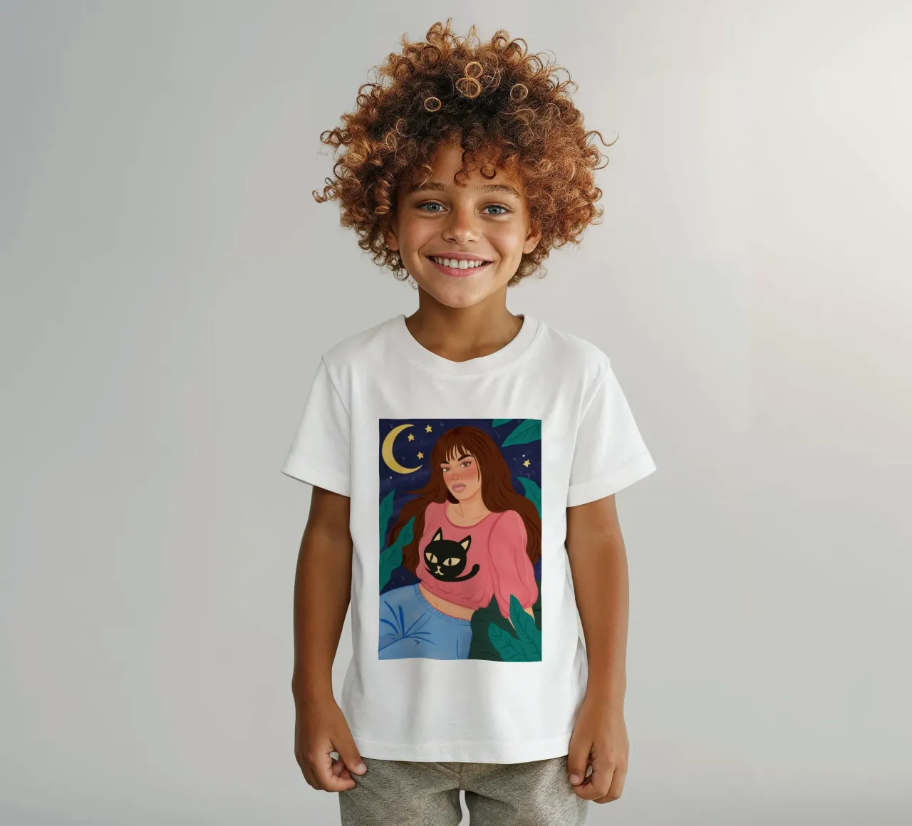 Celestial Feline Friend kids t-shirt by Marigold Tiga