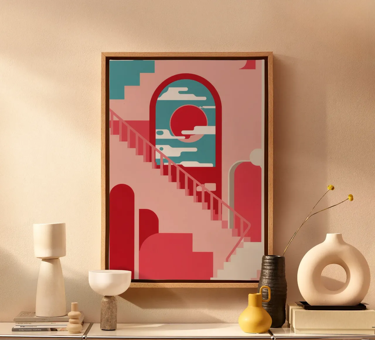 Pink Steps Red Sun canvas with Floater frame by Muse Artworks