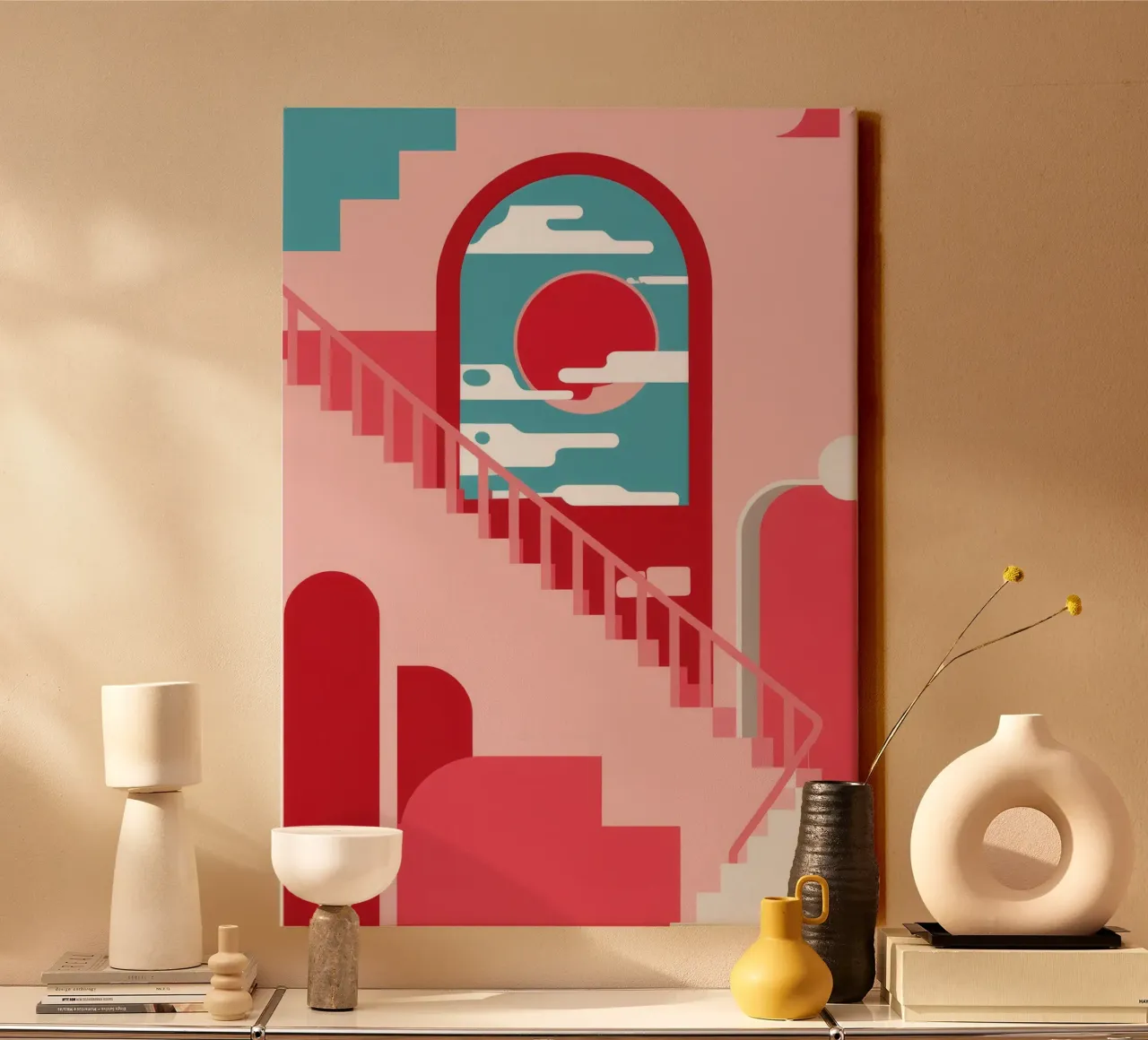 Pink Steps Red Sun canvas with Floater frame by Muse Artworks