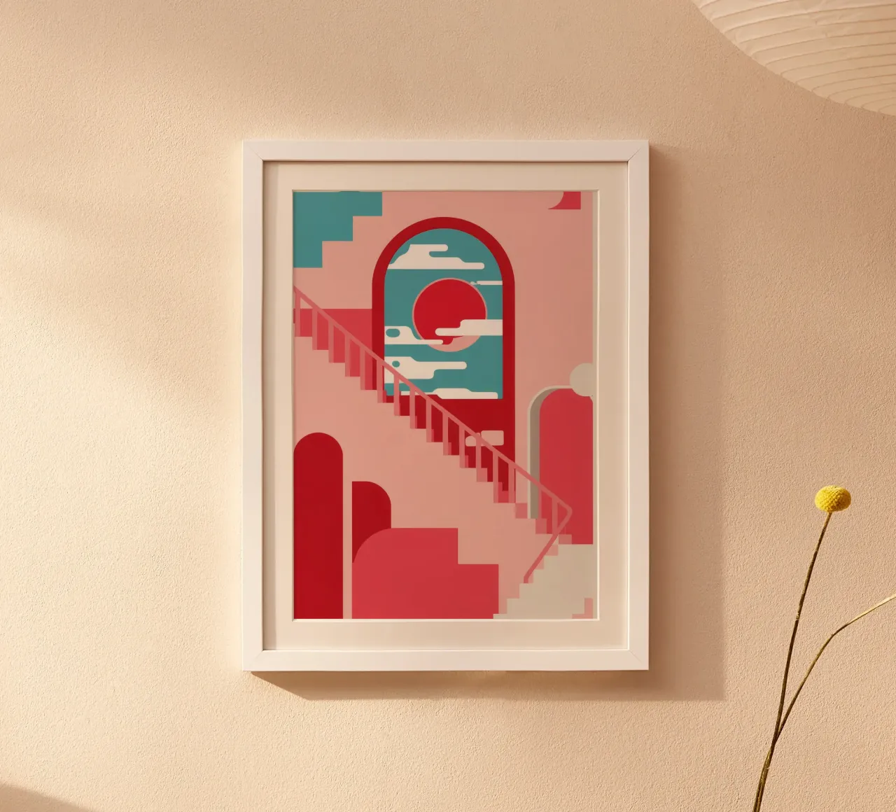 Passi rosa Sole rosso poster con telaio in legno da Muse Artworks