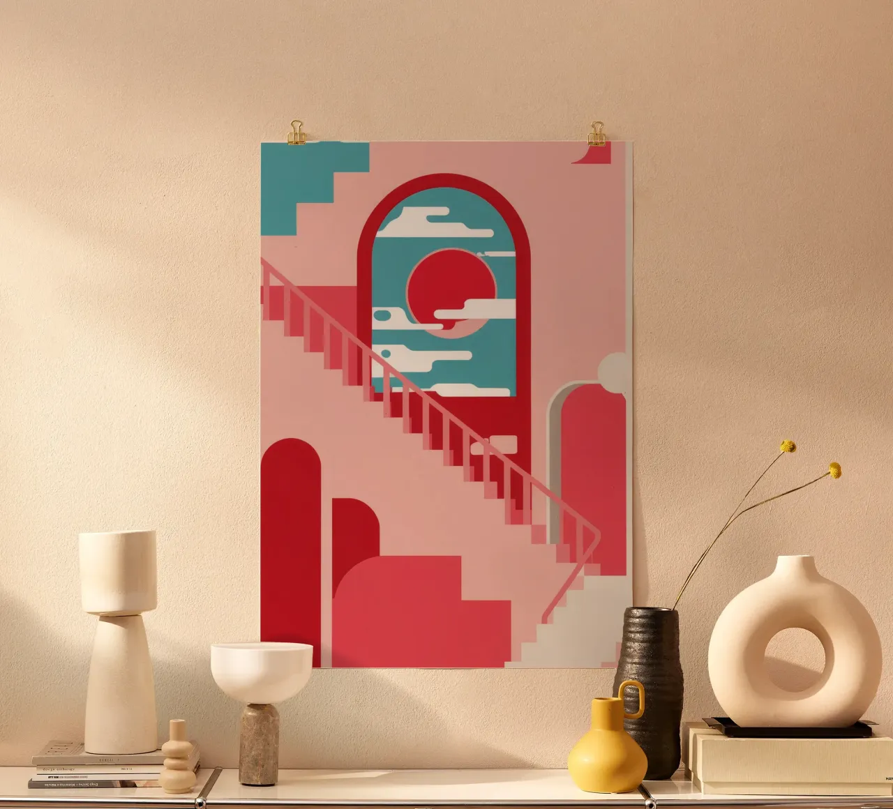 Passi rosa Sole rosso poster con telaio in legno da Muse Artworks