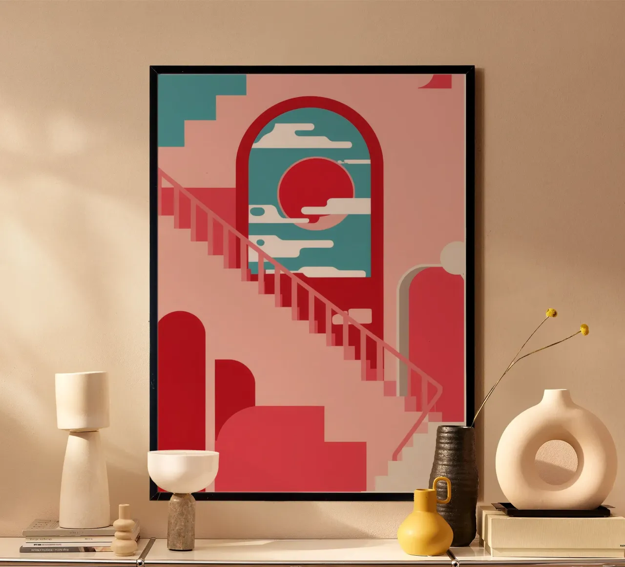 Passi rosa Sole rosso poster con telaio in legno da Muse Artworks
