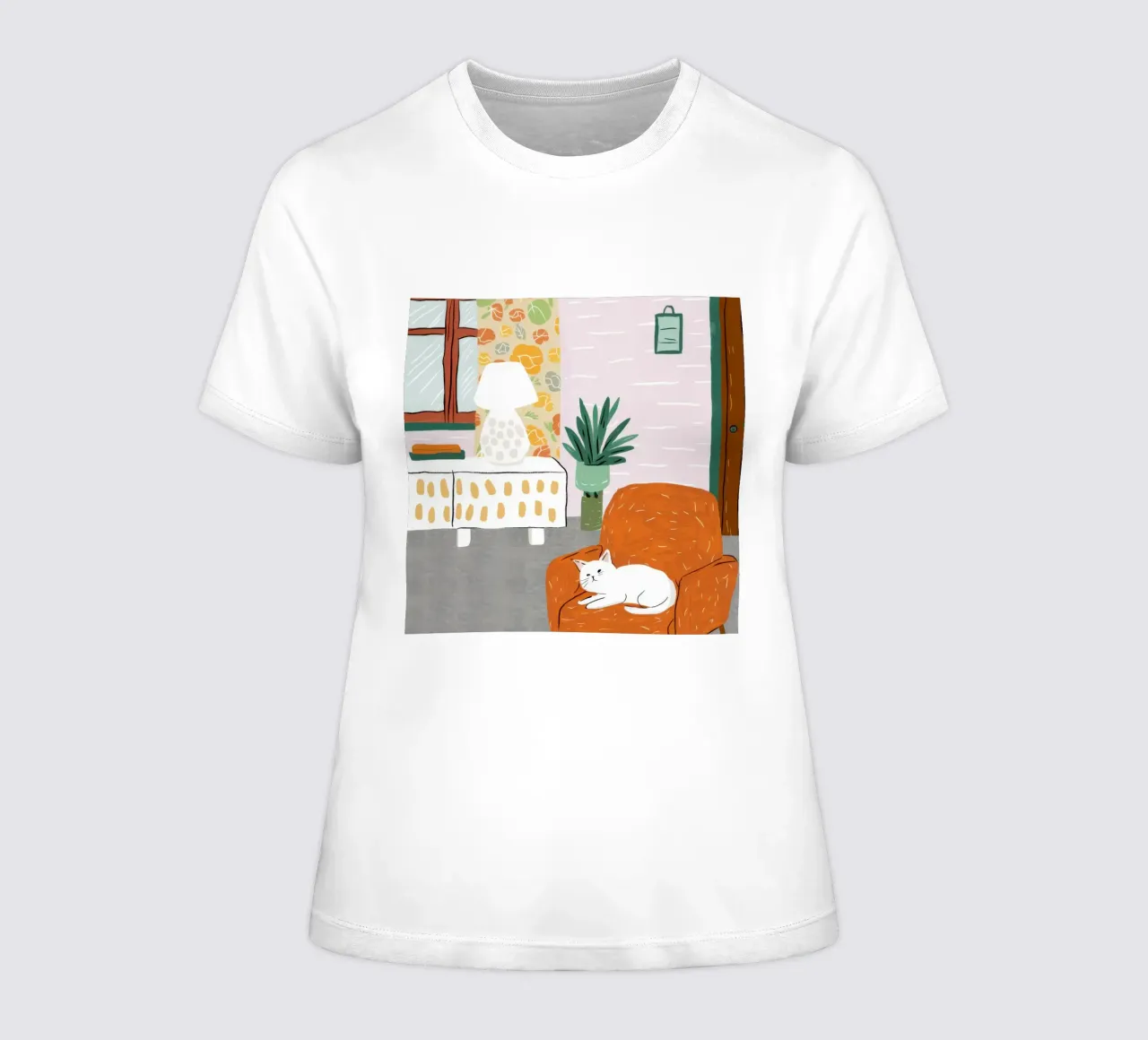 White Cat Reading Nook women's fitted t-shirt by Marigold Tiga