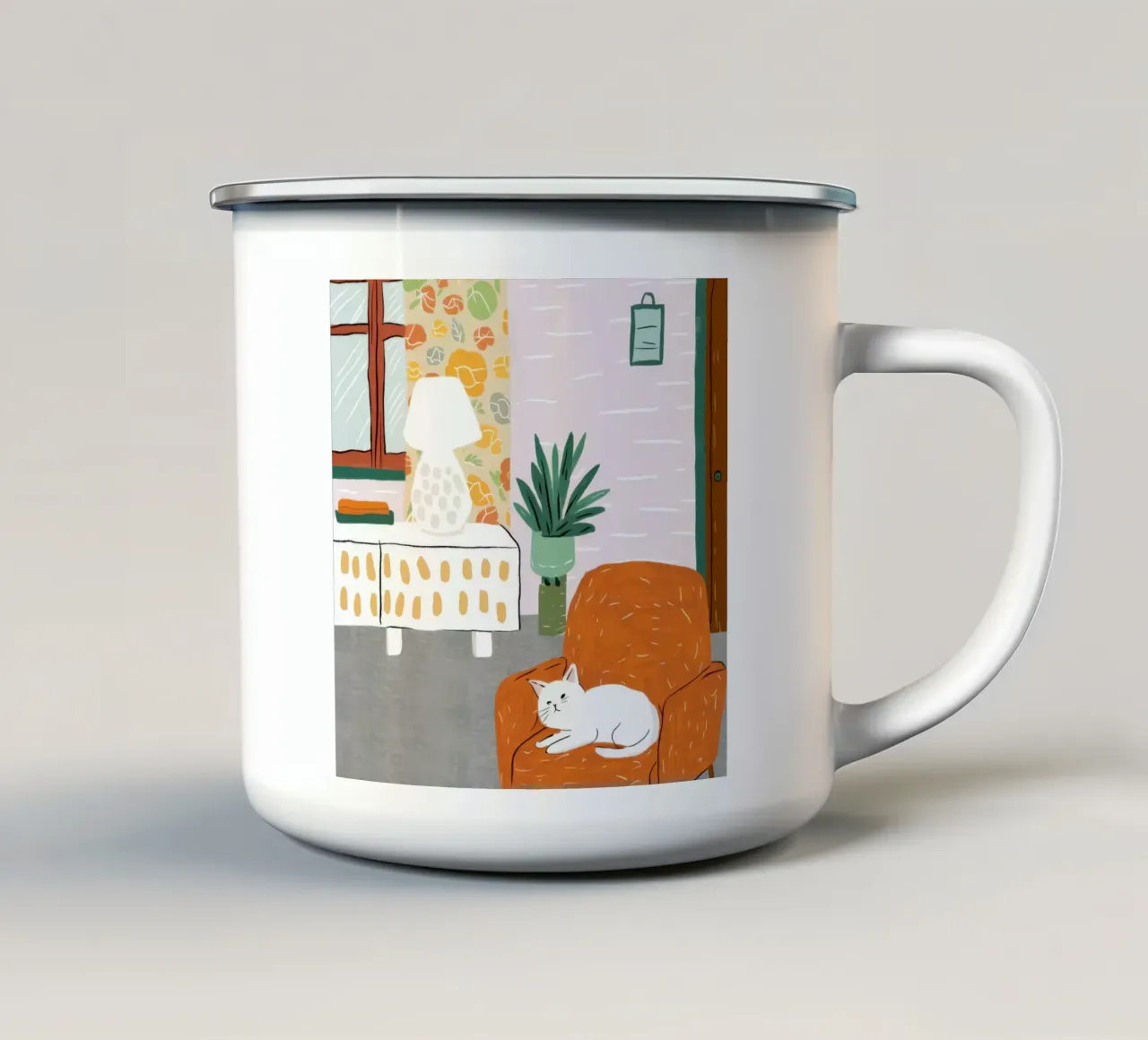 Angolo di lettura per gatti bianchi tazza in smalto da Marigold Tiga