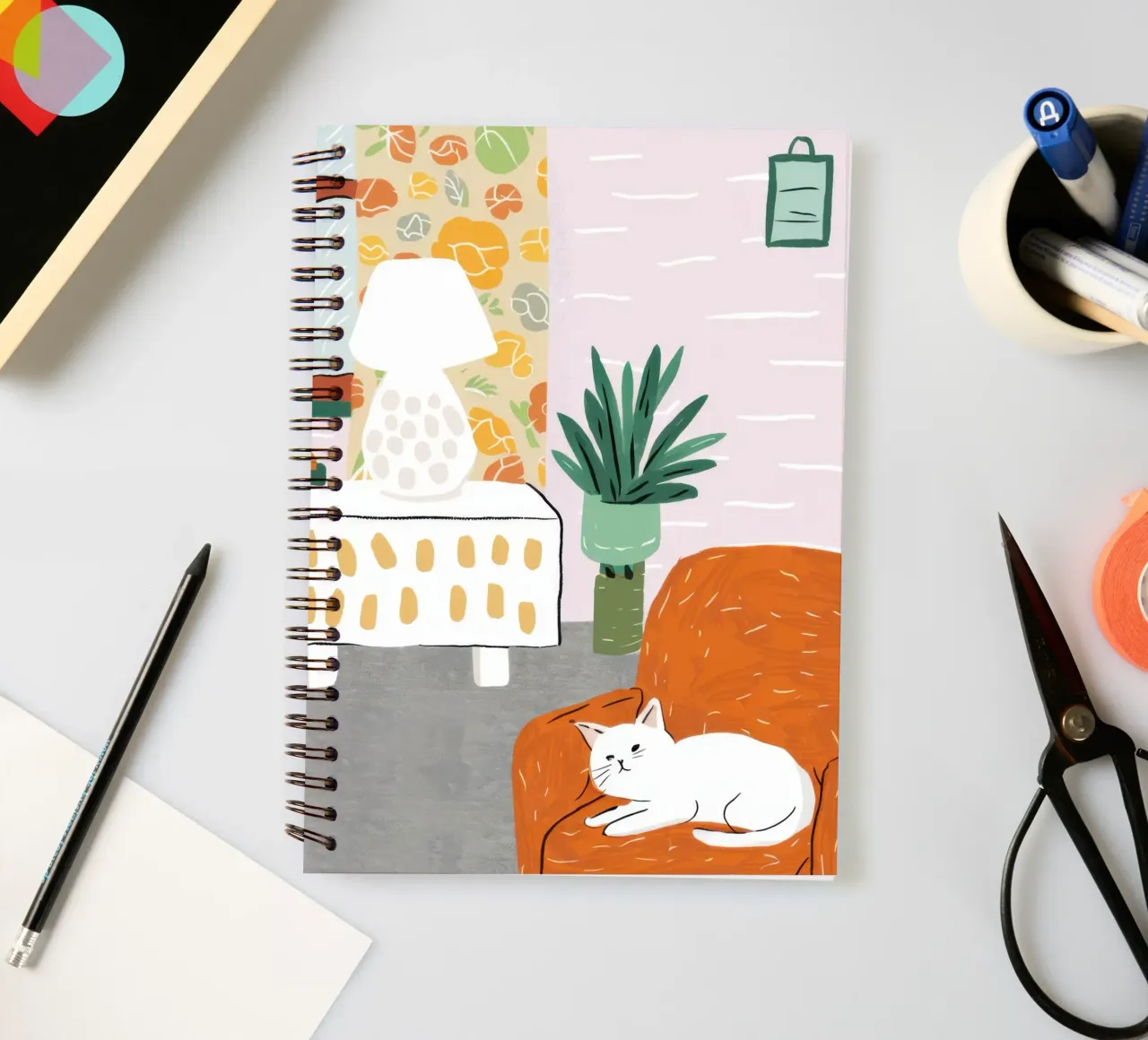 White Cat Reading Nook spiral notebook by Marigold Tiga