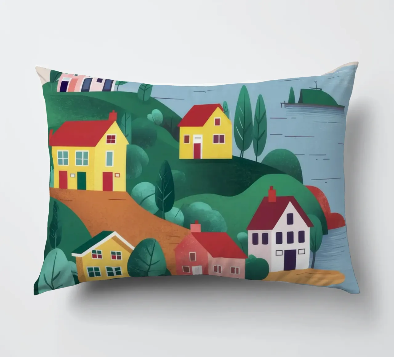 Coastal Village Harbor decorative cushion by Muse Artworks