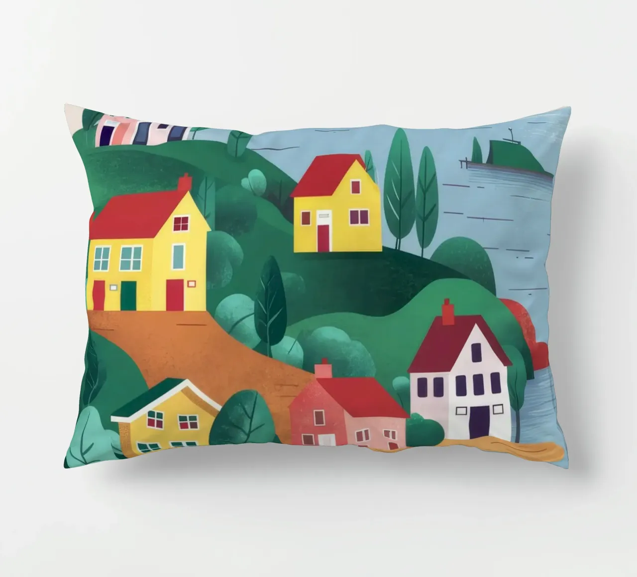 Coastal Village Harbor decorative cushion by Muse Artworks