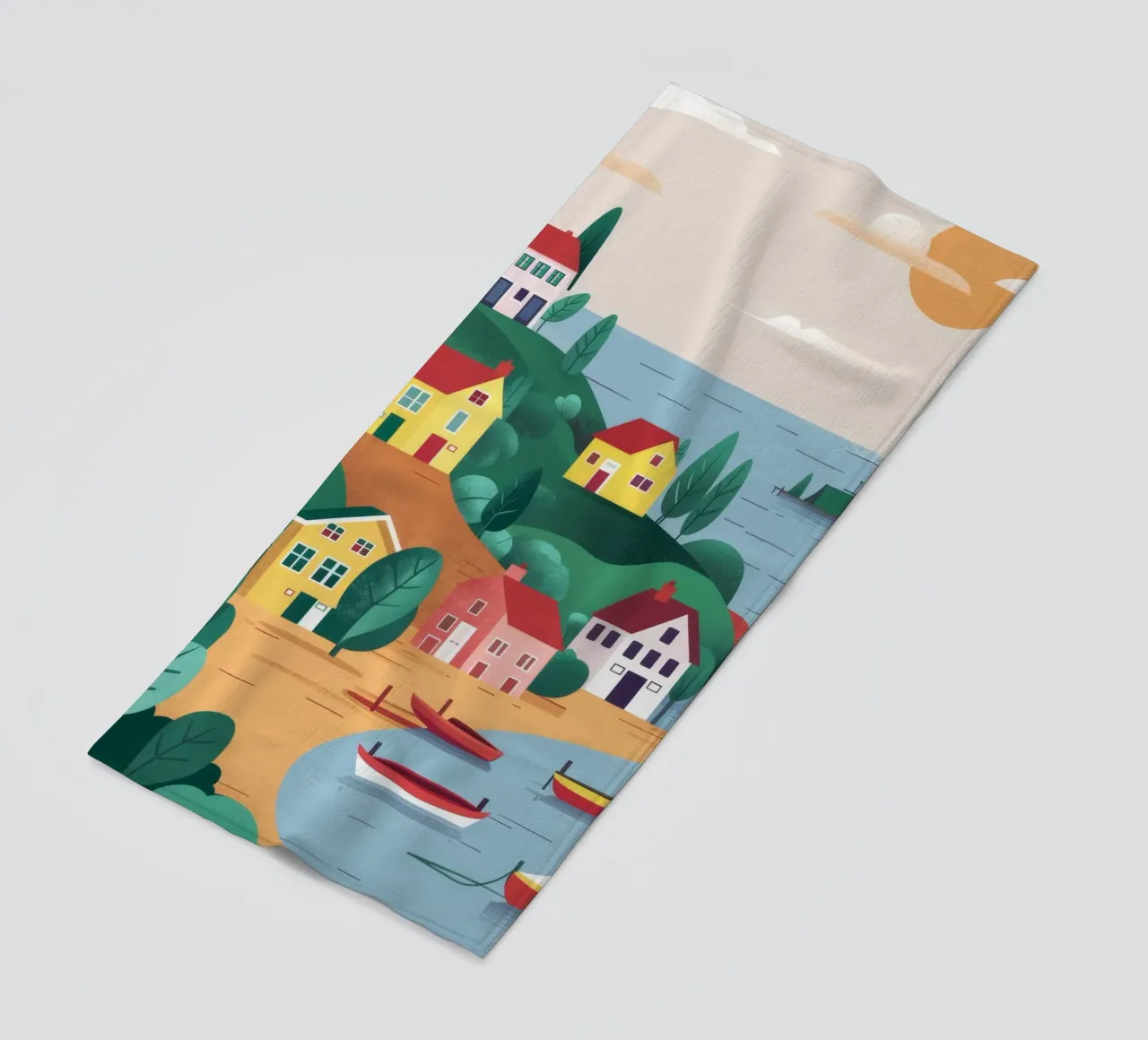 Coastal Village Harbor beach towel by Muse Artworks