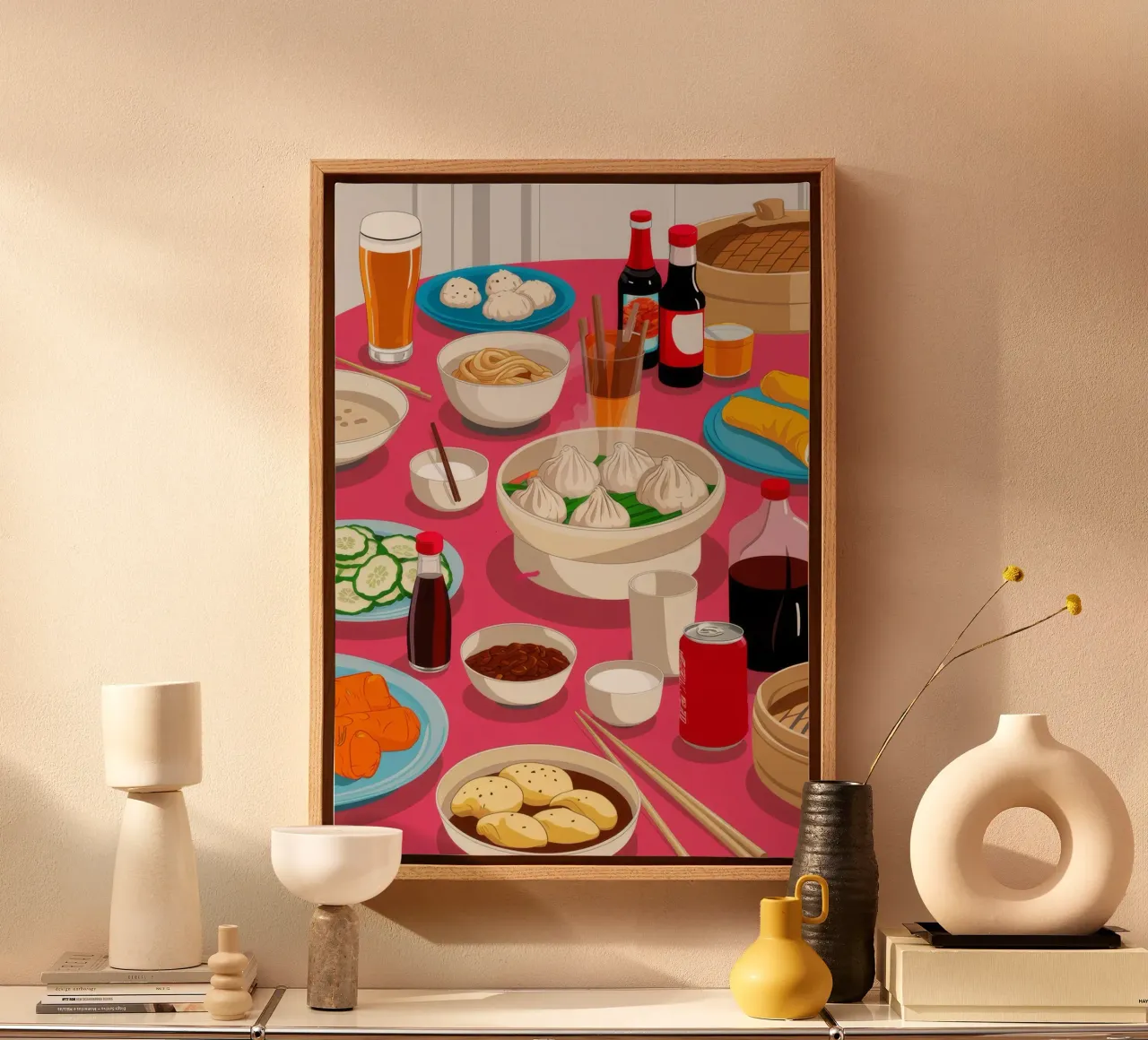 Cena con olla caliente lienzo con Marco flotante de Muse Artworks