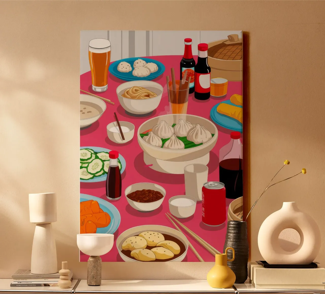 Cena con olla caliente lienzo con Marco flotante de Muse Artworks