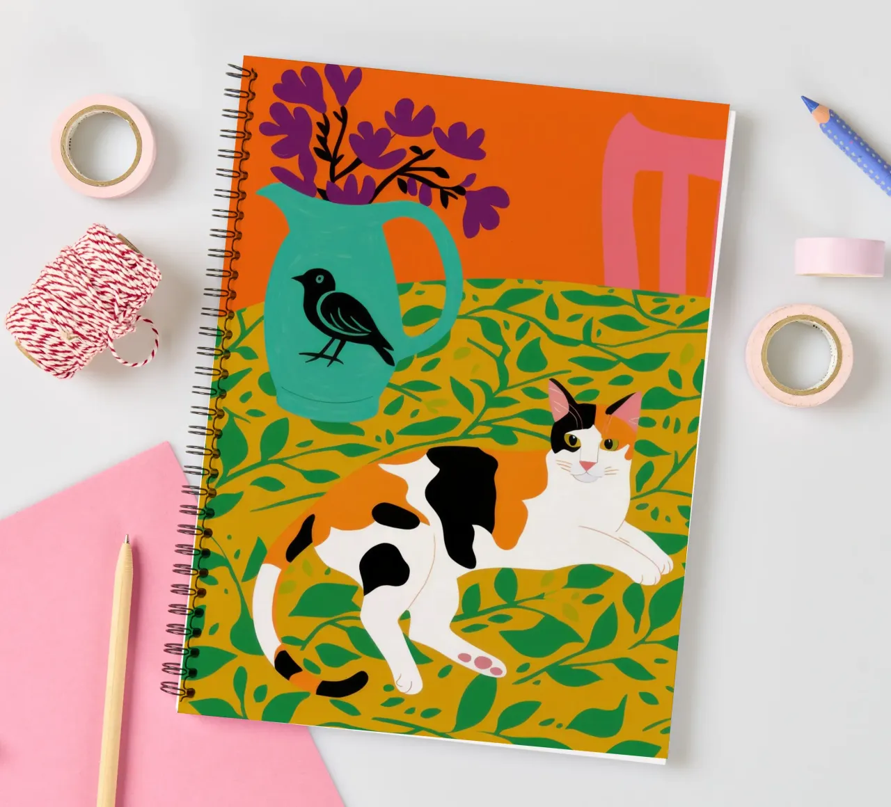 Calico Cat Bird spiral notebook by Marigold Tiga