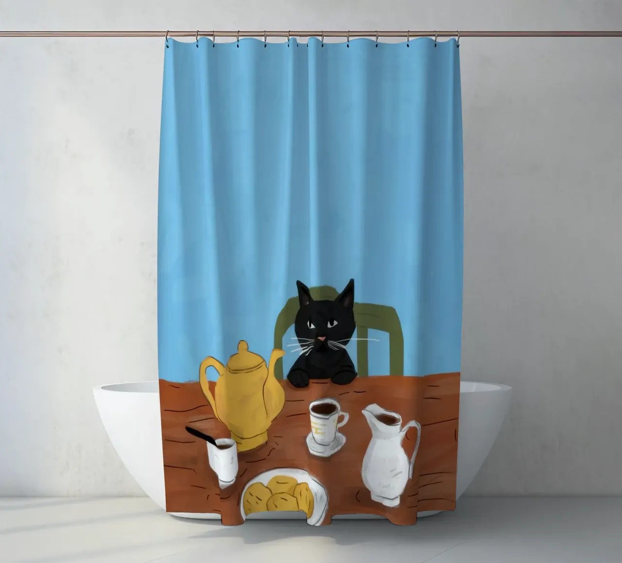 Black Cat Teatime shower curtain by Marigold Tiga
