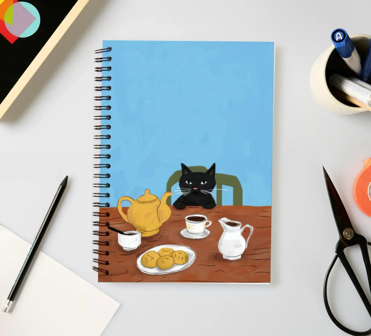 Black Cat Teatime spiral notebook by Marigold Tiga