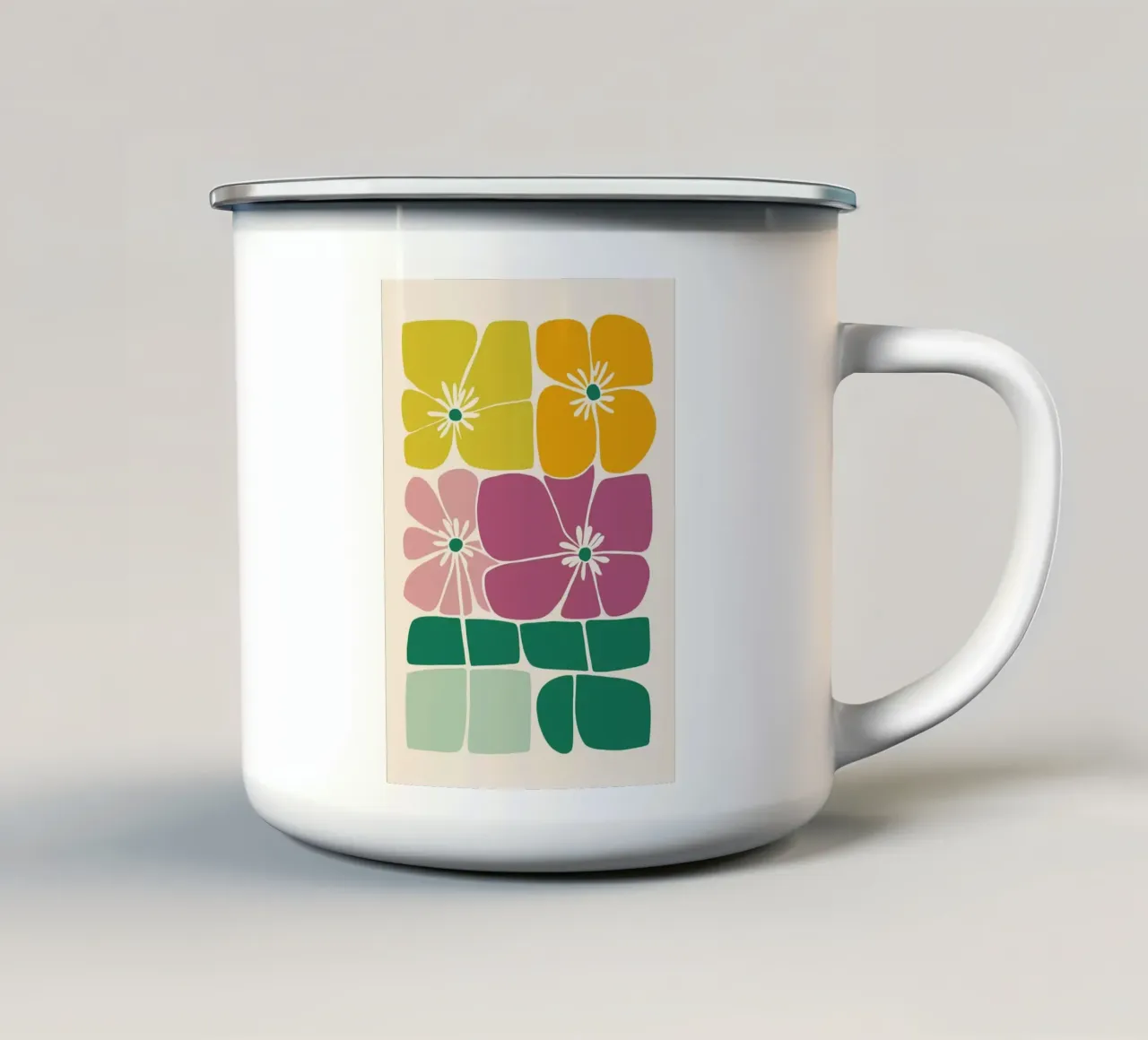 Abstracte bloemenprint emaille mok van Patrick J Curtis