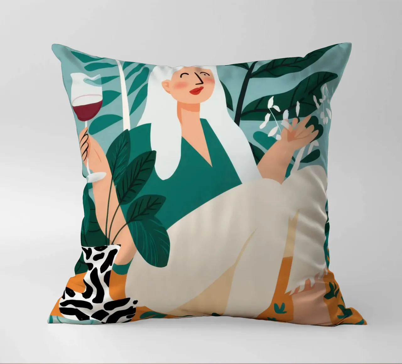Wine and Patterned Tights decorative cushion by Pale Aura