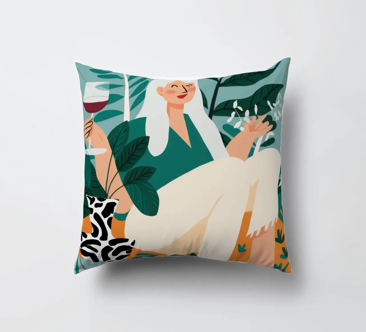 Wine and Patterned Tights decorative cushion by Pale Aura
