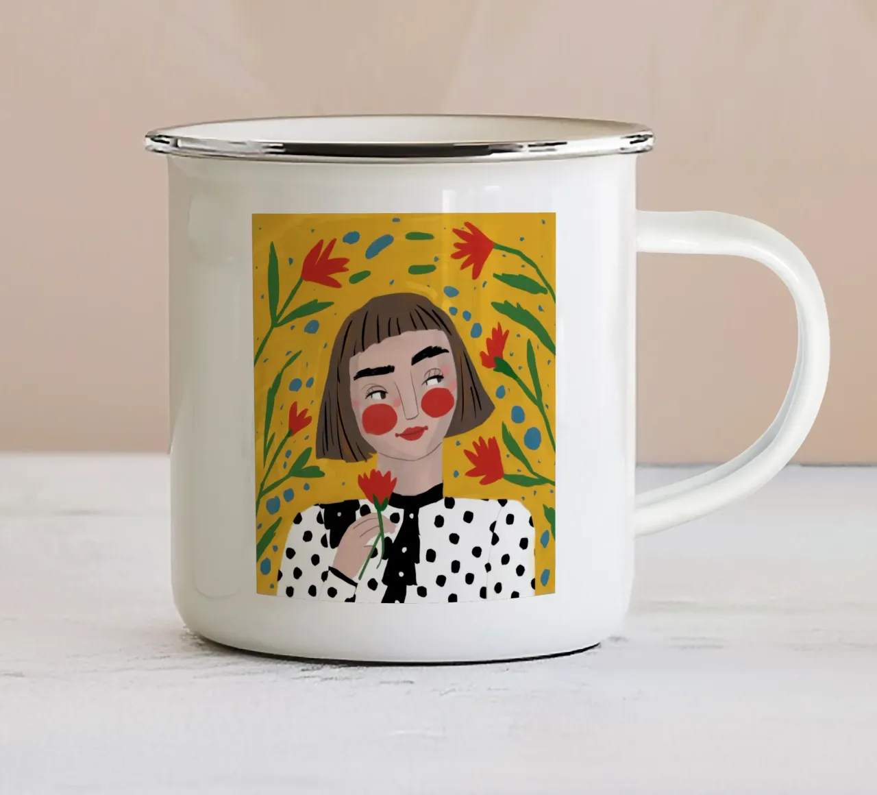Ritratto floreale a pois tazza in smalto da Marigold Tiga