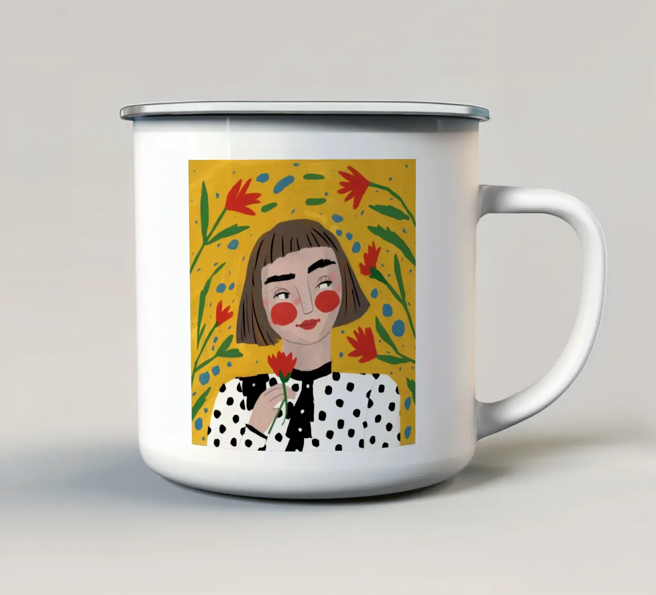 Ritratto floreale a pois tazza in smalto da Marigold Tiga