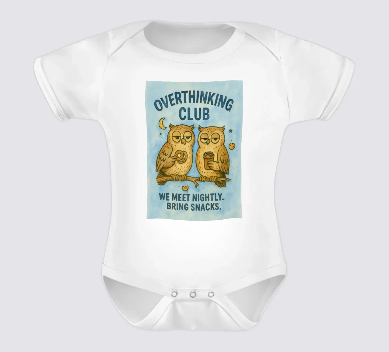 Overthinking Owls Club short-sleeve baby romper by onerules