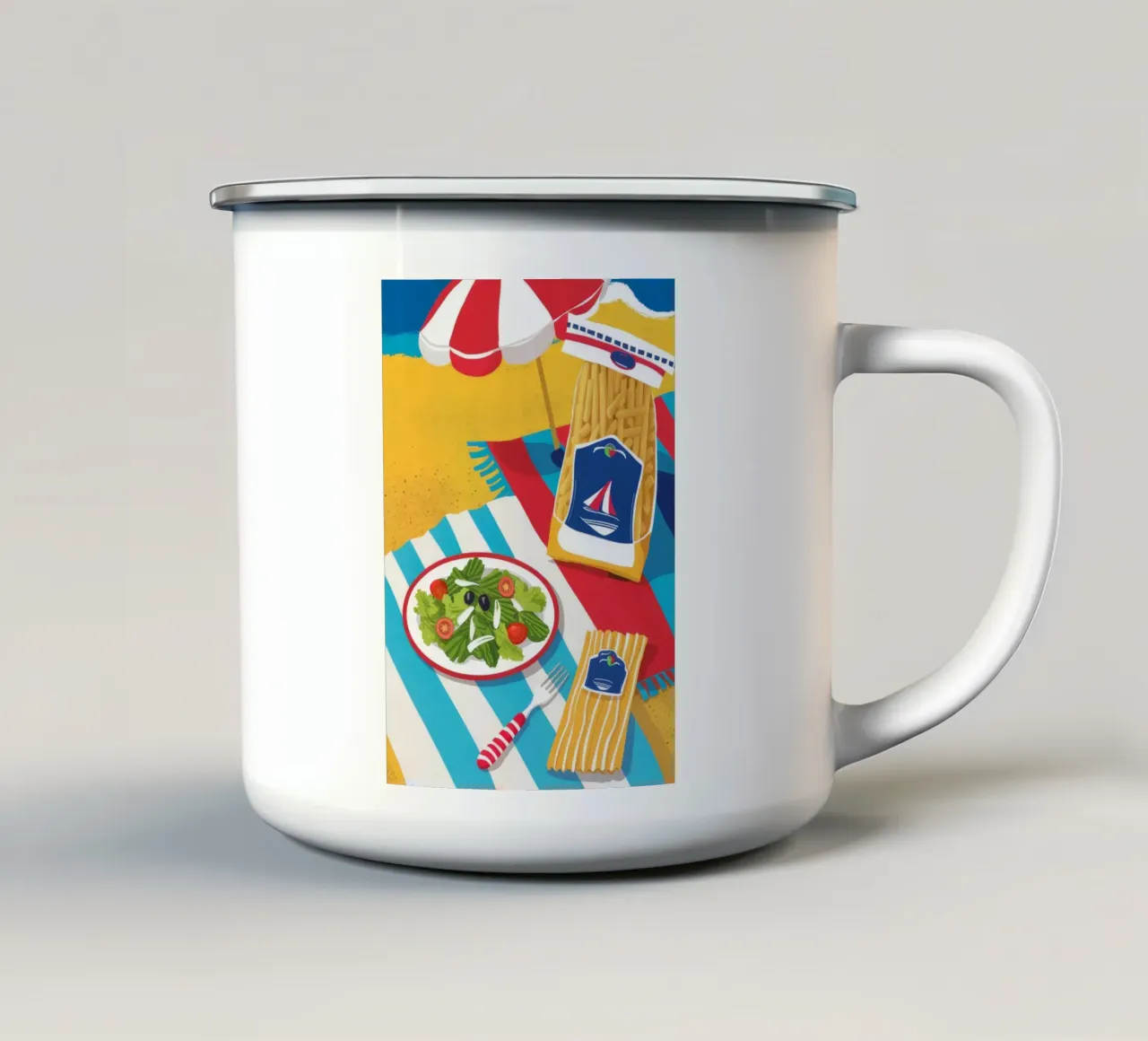 Elementi essenziali per la giornata in spiaggia tazza in smalto da Muse Artworks
