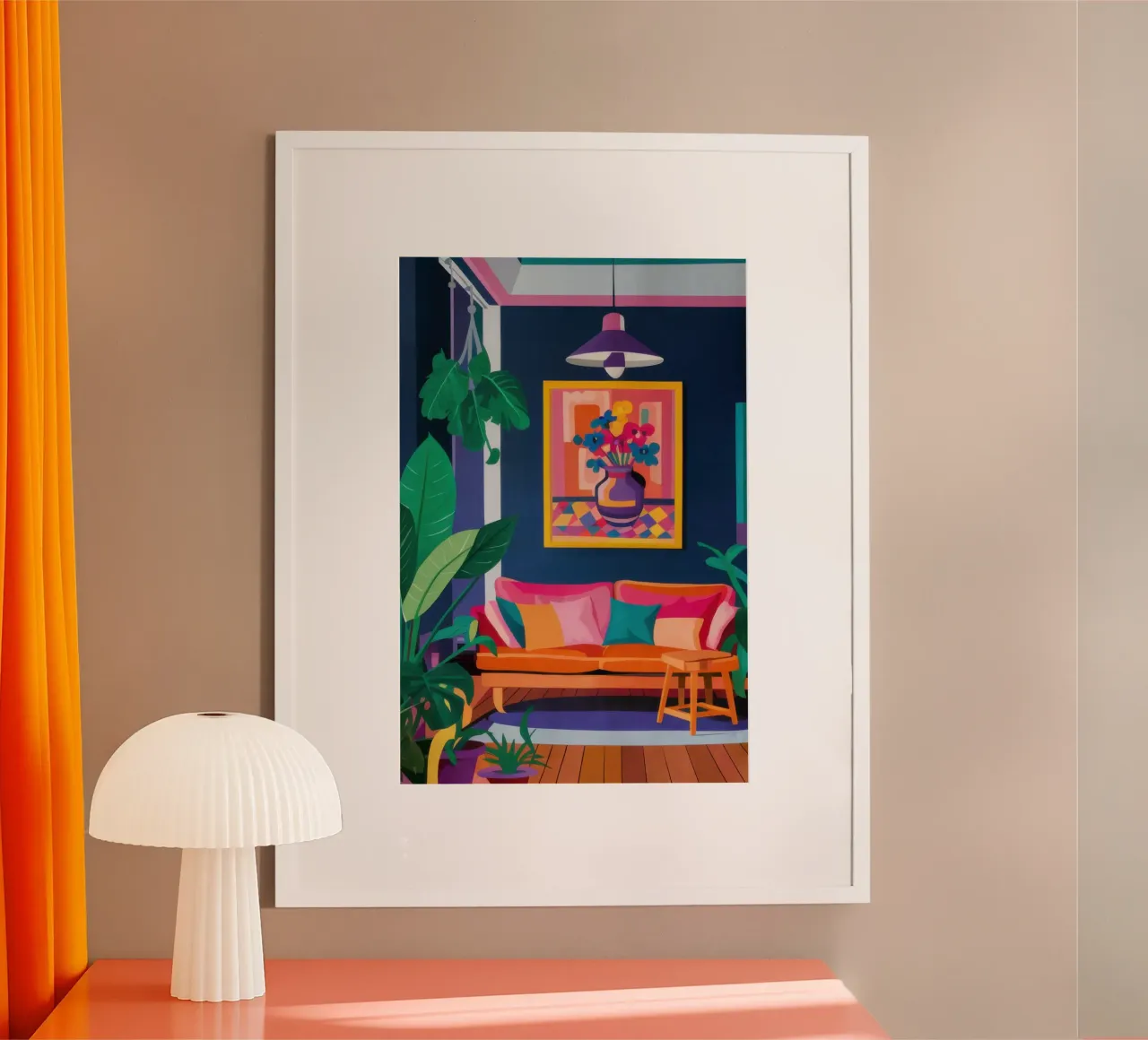 Pink Sofa Blue Art poster with plastic frame by Pale Aura