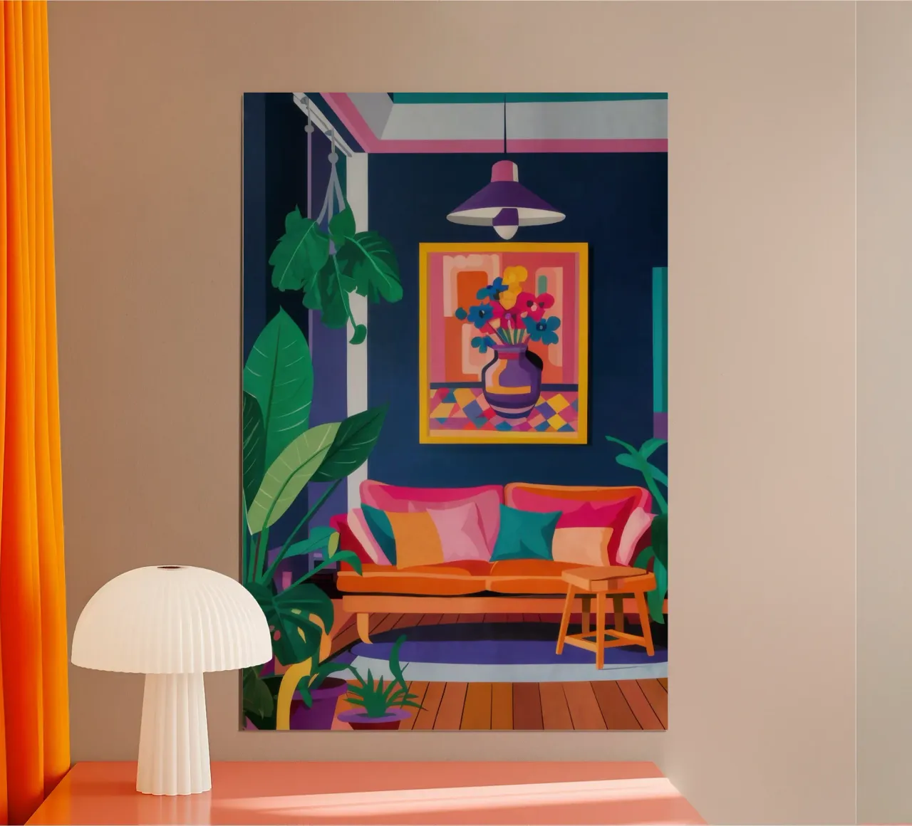 Pink Sofa Blue Art poster with plastic frame by Pale Aura
