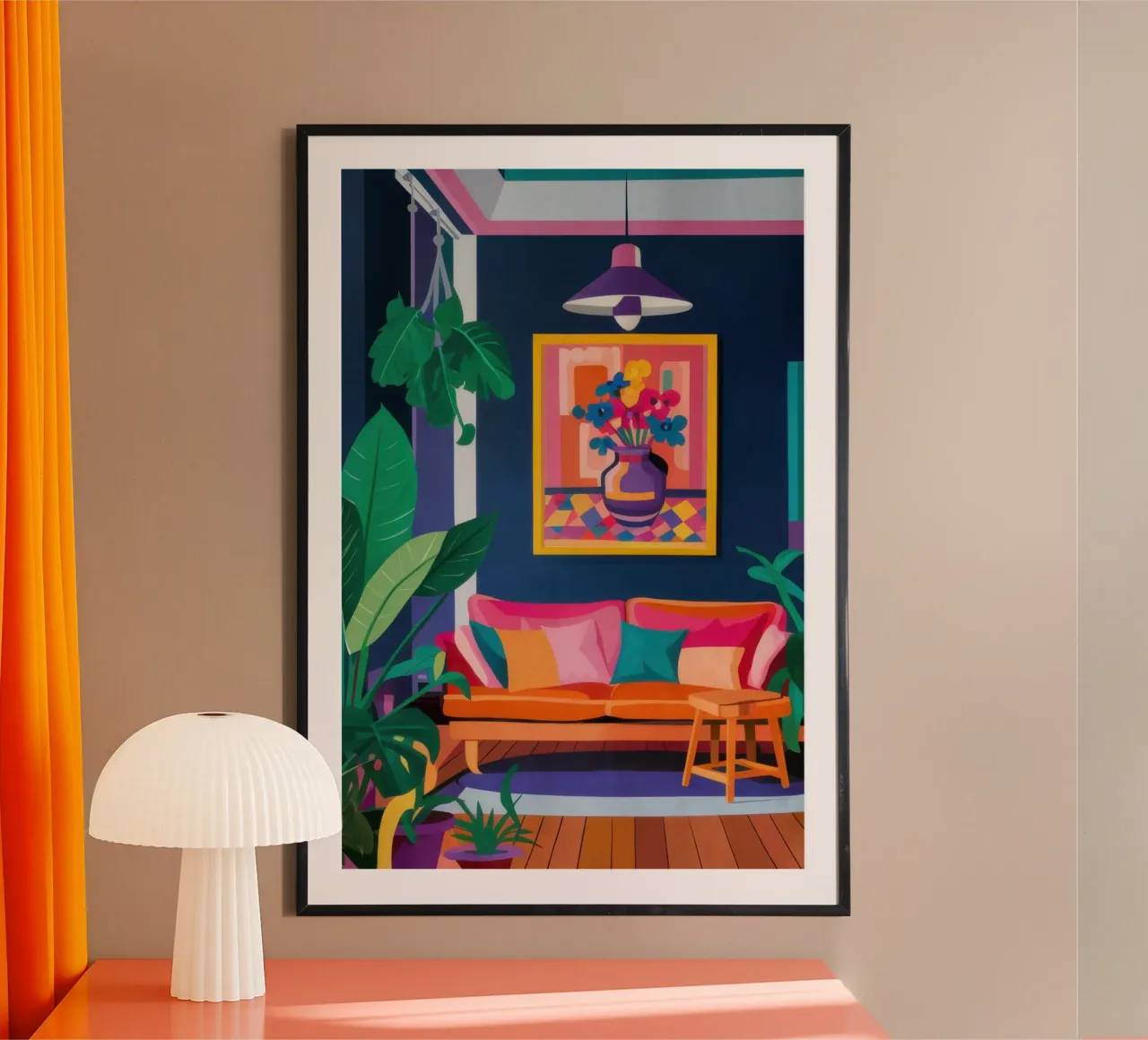 Pink Sofa Blue Art poster with plastic frame by Pale Aura