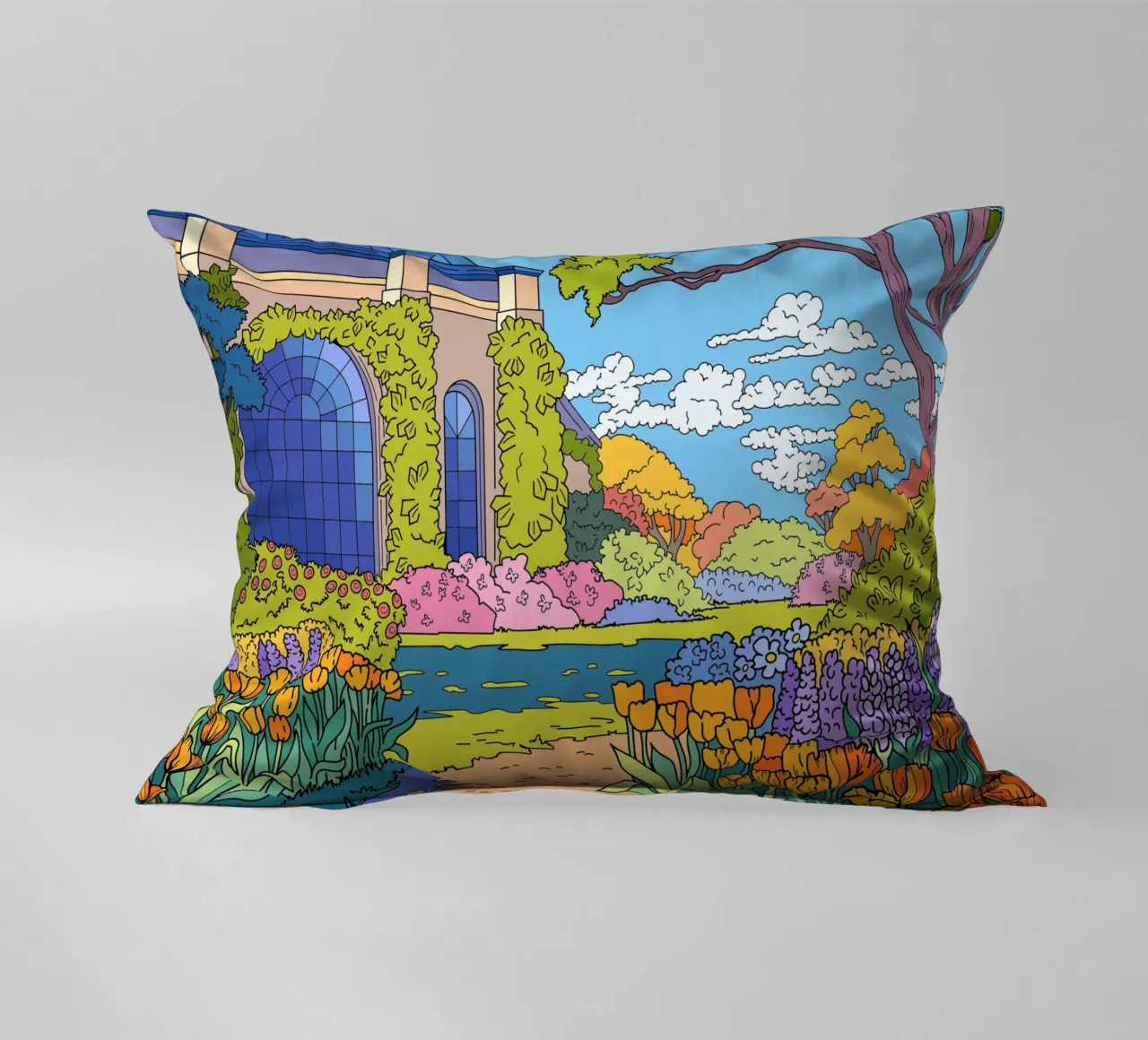 Pittura di giardini fioriti cuscino da Fanya Art
