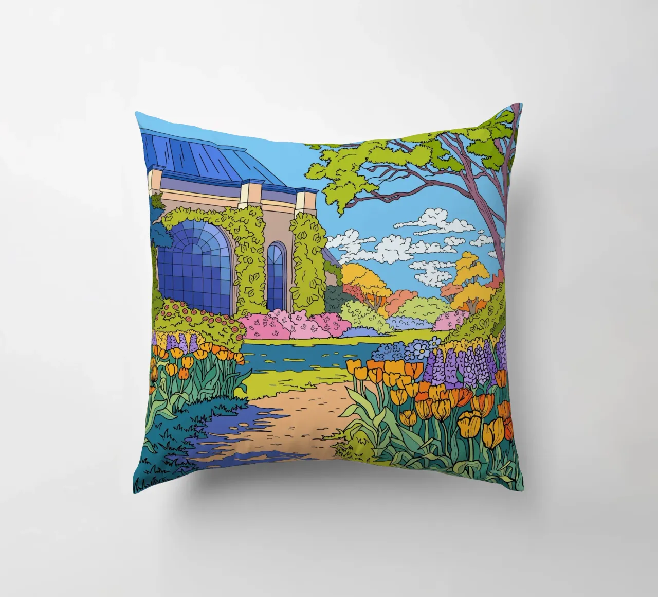 Pittura di giardini fioriti cuscino da Fanya Art