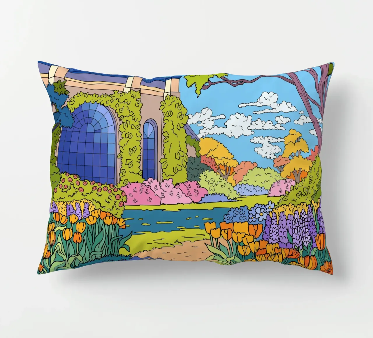 Pittura di giardini fioriti cuscino da Fanya Art
