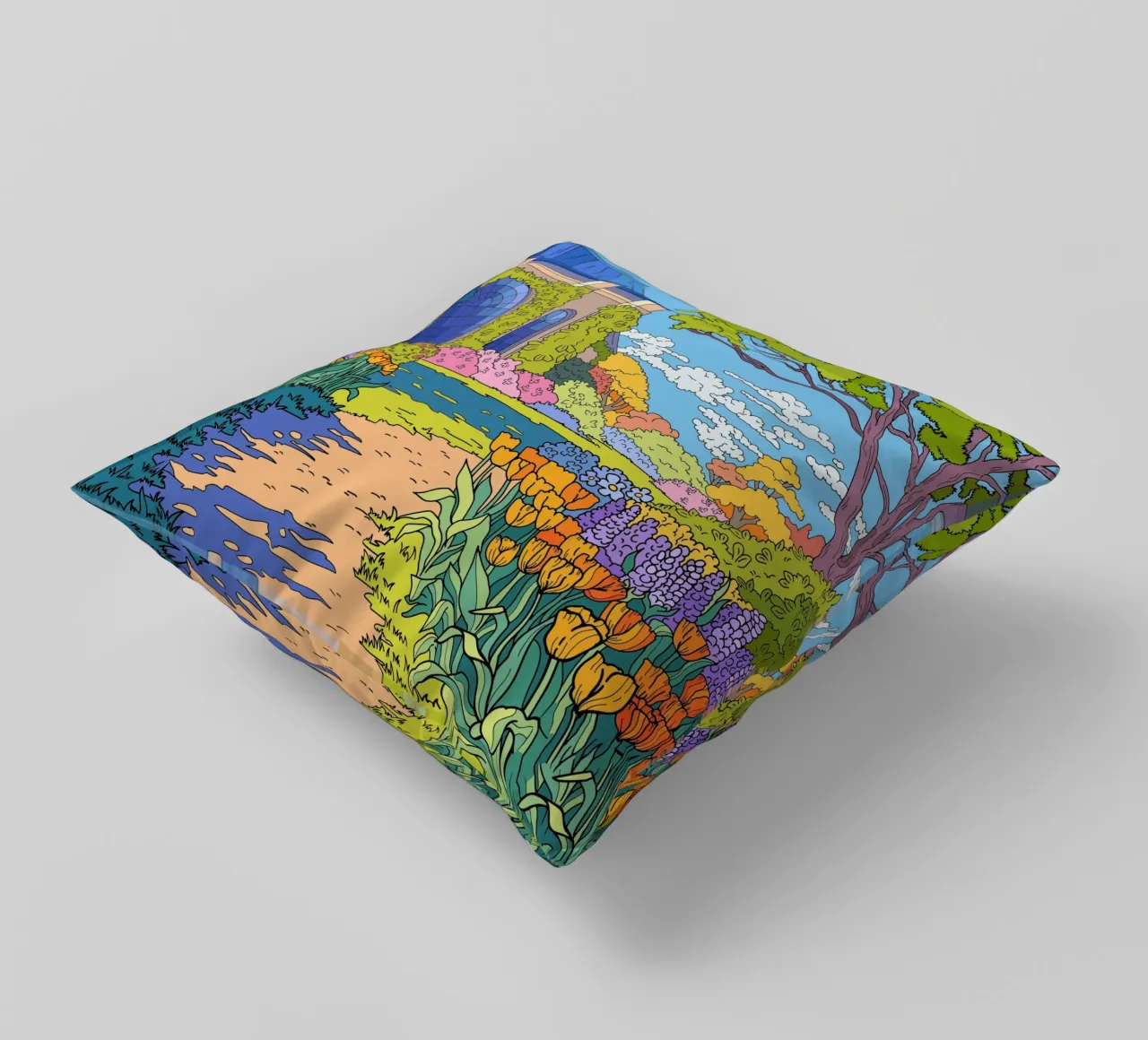 Pittura di giardini fioriti cuscino da Fanya Art
