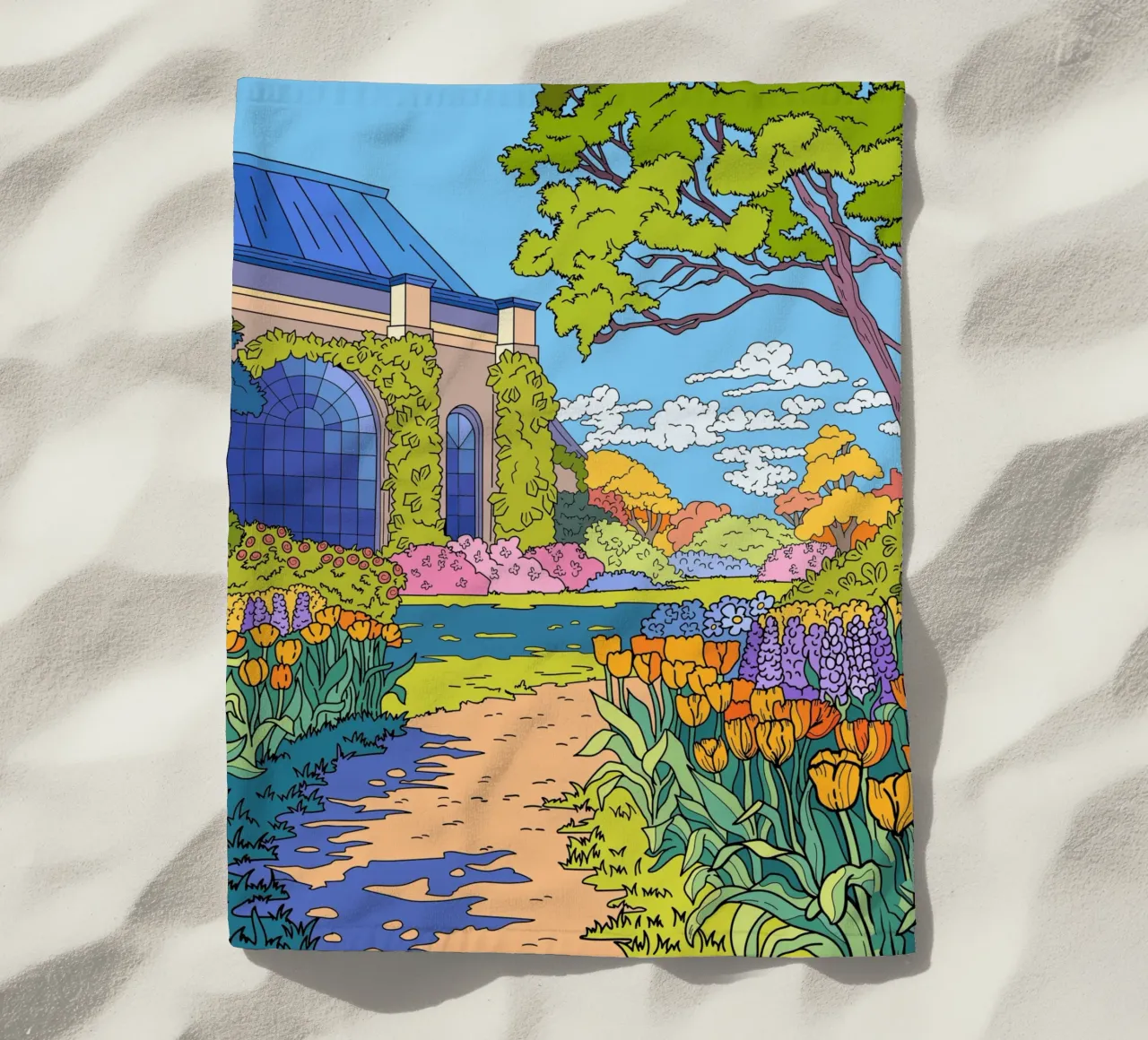 Bloementuin Schilderen strandhanddoek van Fanya Art