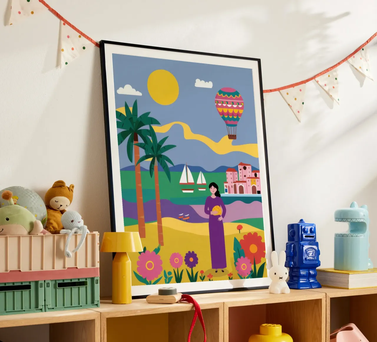 Beatitudine dei palloncini in spiaggia poster con telaio in alluminio da Sentinel Glow