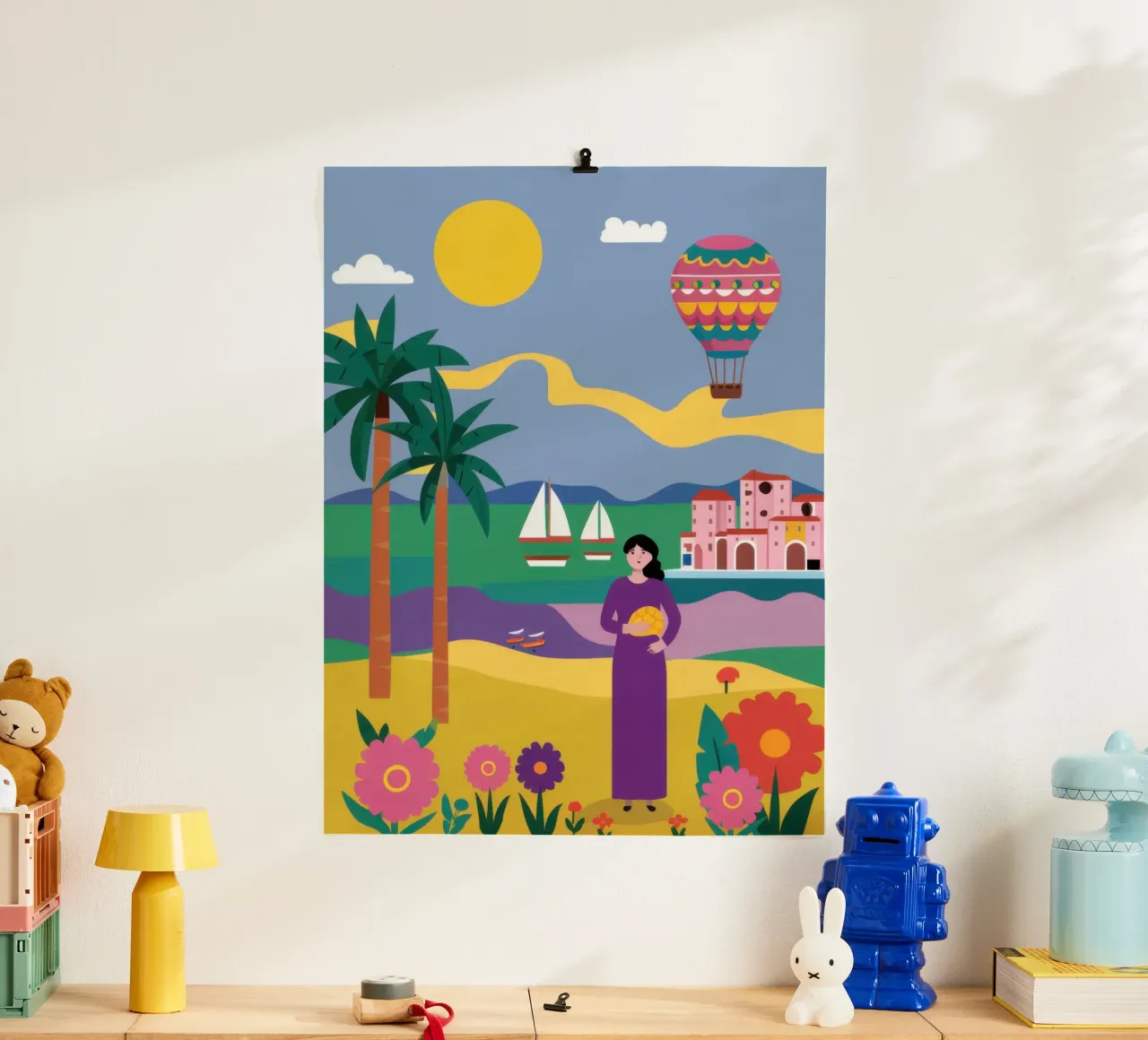 Beatitudine dei palloncini in spiaggia poster con telaio in alluminio da Sentinel Glow