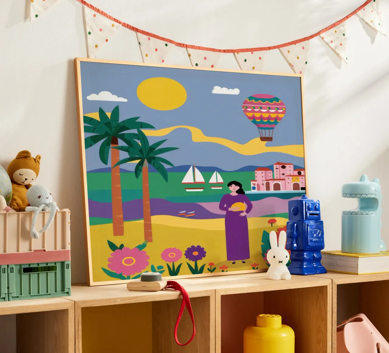 Beatitudine dei palloncini in spiaggia poster con telaio in alluminio da Sentinel Glow