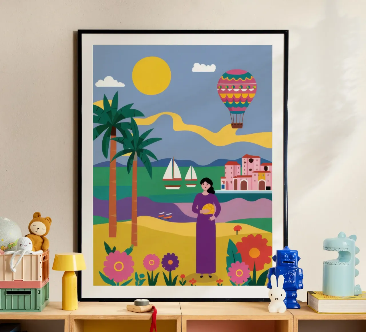 Beatitudine dei palloncini in spiaggia poster con telaio in alluminio da Sentinel Glow