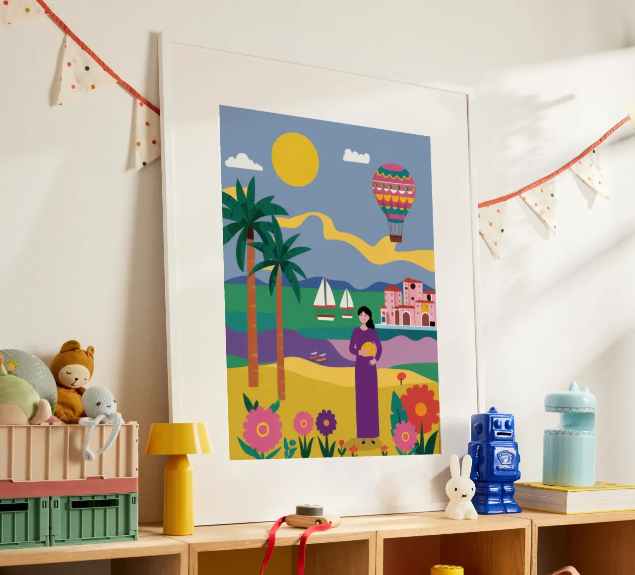 Beatitudine dei palloncini in spiaggia poster con telaio in alluminio da Sentinel Glow