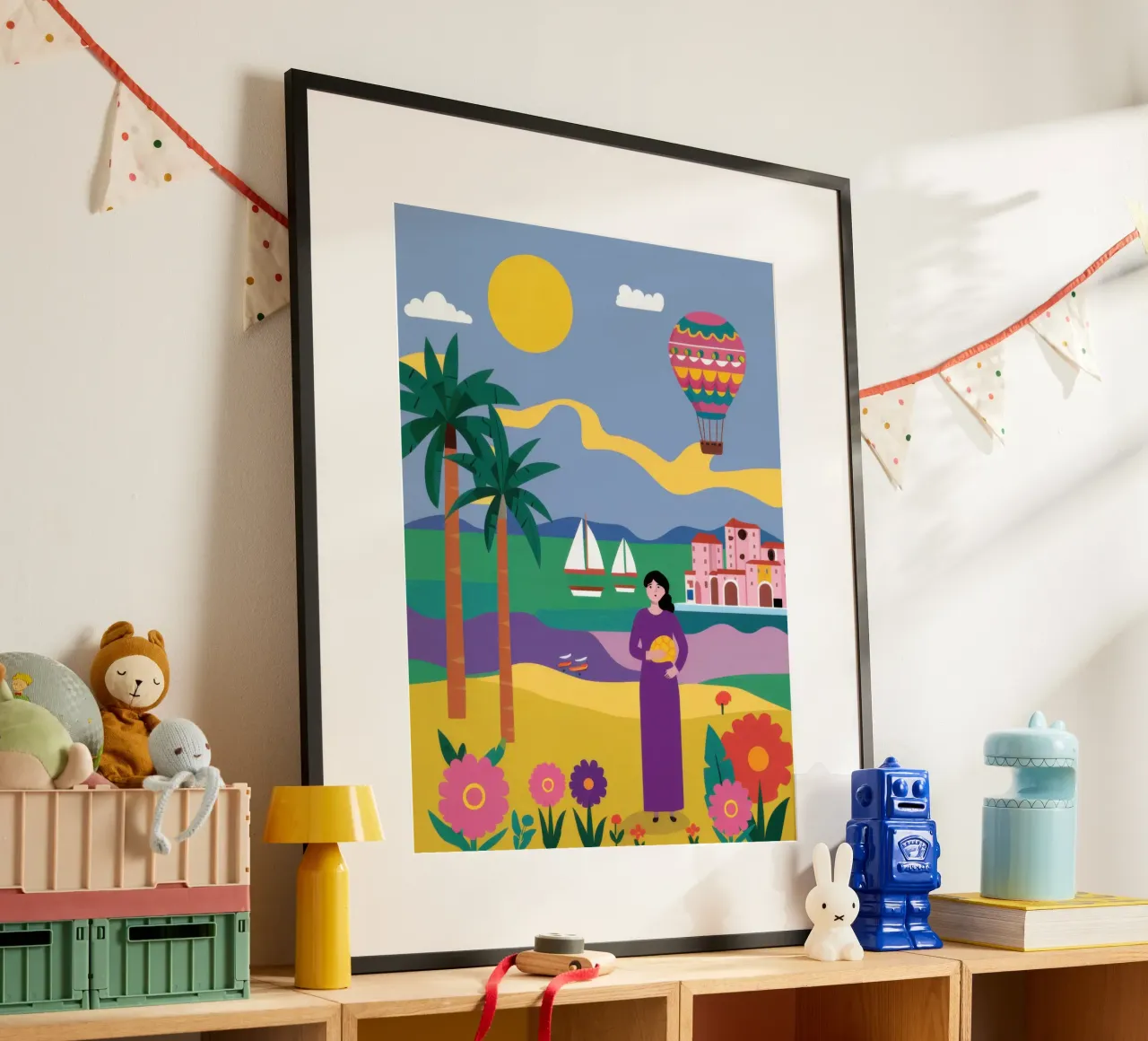 Beatitudine dei palloncini in spiaggia poster con telaio in alluminio da Sentinel Glow